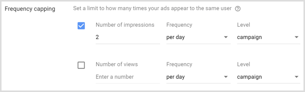 Paramètres de limitation du nombre d'expositions pour la campagne Google AdWords.