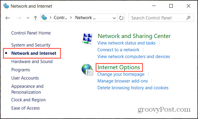Options Internet réseau dans le panneau de configuration Windows