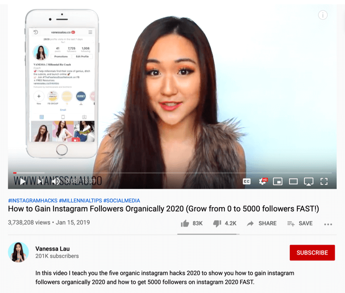 Vidéo YouTube de Vanessa Lau sur les hacks organiques Instagram