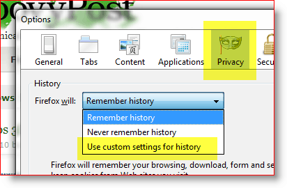 Firefox - utilisez des paramètres personnalisés pour l'historique