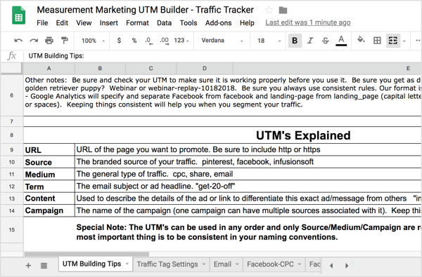 Dans le premier onglet, UTM Building Tips, vous trouverez un récapitulatif des informations UTM évoquées précédemment.