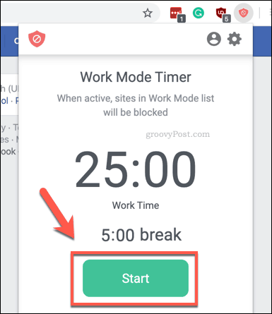 Démarrage de la minuterie du mode de travail BlockSite