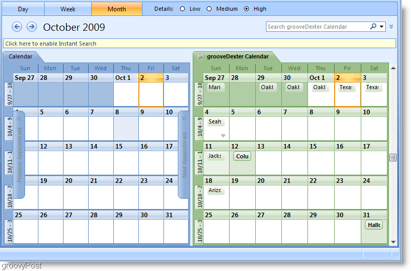 Capture d'écran du calendrier côte à côte Outlook 2007