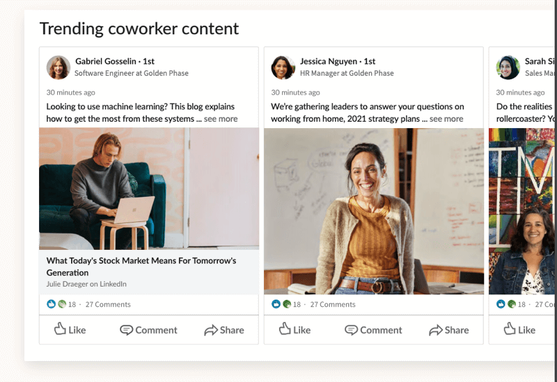 exemple de la capture d'écran de l'onglet de contenu du collaborateur des tendances des employés de LinkedIn et d'un exemple de contenu