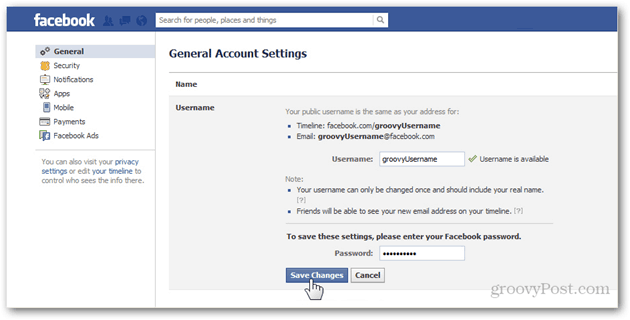 facebook paramètres généraux du compte préférences gérer le nom d'utilisateur général nom d'utilisateur mot de passe enregistrer les modifications confirmer