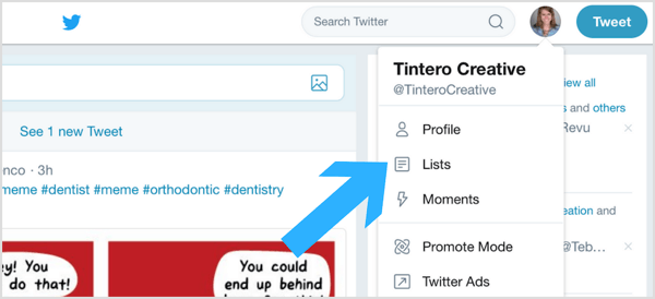 Cliquez sur l'icône de votre profil Twitter et sélectionnez Listes dans le menu déroulant.