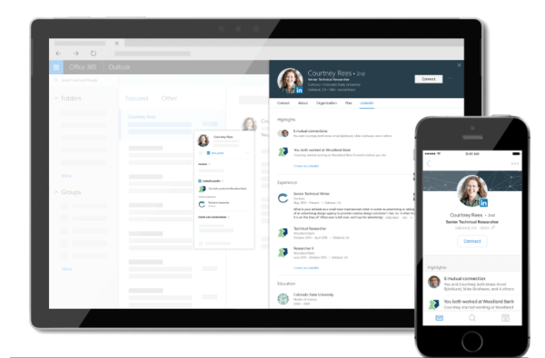 LinkedIn et Microsoft apportent des informations LinkedIn personnalisées directement dans votre expérience Microsoft Office 365 en intégrant des cartes de profil LinkedIn et Microsoft Office.