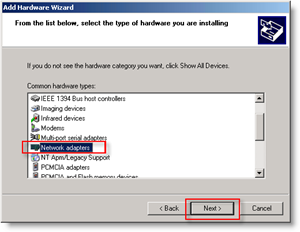 Assistant Ajout de matériel Windows: carte réseau