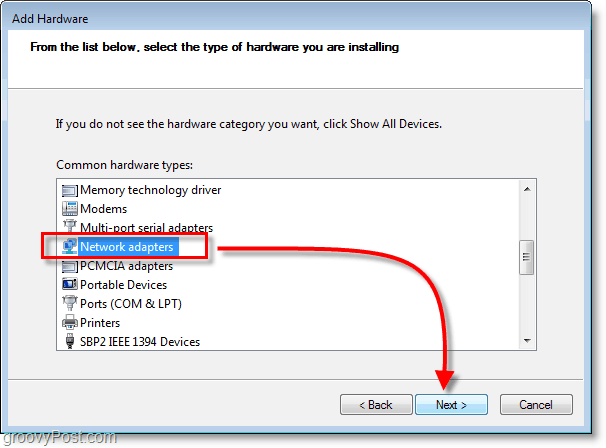 Capture d'écran de mise en réseau Windows 7 - sélectionnez les adaptateurs réseau