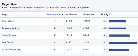 Audience Insights de Facebook fournit une liste de pages que votre public pourrait aimer en fonction de ses intérêts. 