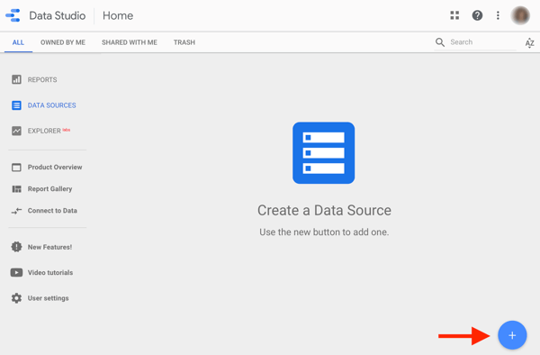 Utilisez Google Data Studio pour analyser vos publicités Facebook, étape 1, option pour créer une source de données dans Google Data Studio