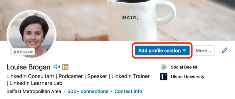 exemple de profil LinkedIn avec le bouton de section de profil d'annonce mis en évidence