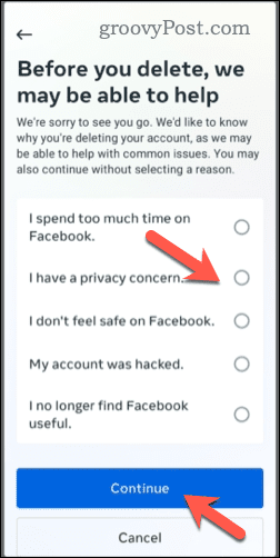 Choisir de supprimer un compte Facebook sur mobile