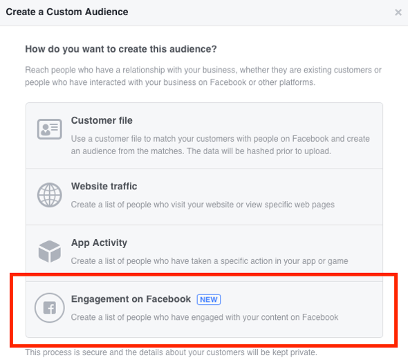 Sélectionnez Engagement sur Facebook comme type d'audience personnalisée que vous souhaitez créer.