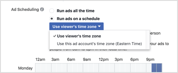 Choisissez l'option Utiliser le fuseau horaire de la visionneuse pour votre campagne Facebook.
