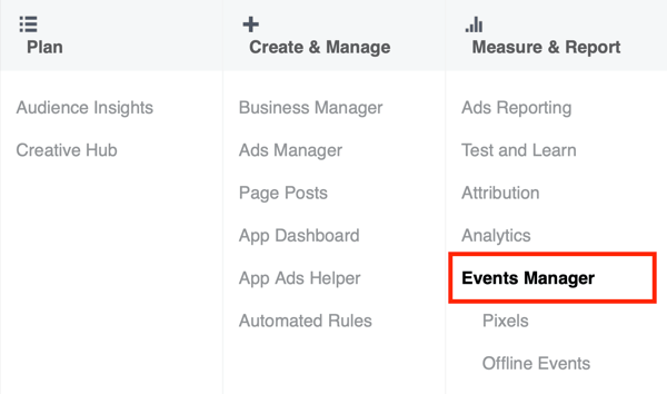 Option pour sélectionner le gestionnaire d'événements dans Facebook Ads Manager.