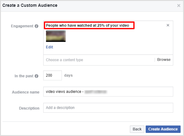 facebook créer une audience personnalisée d'engagement vidéo