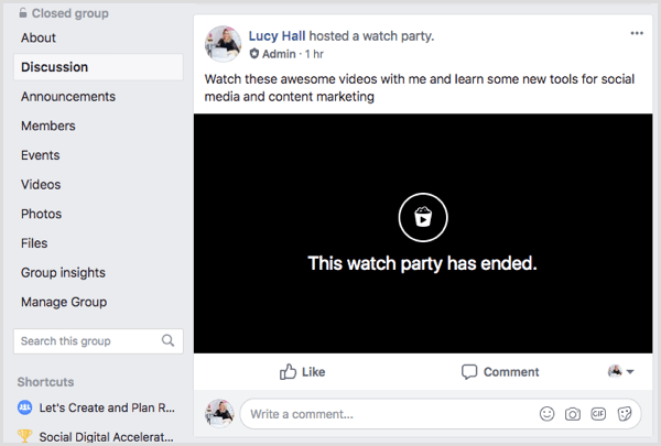 Une publication Facebook Watch Party dans le flux du groupe.
