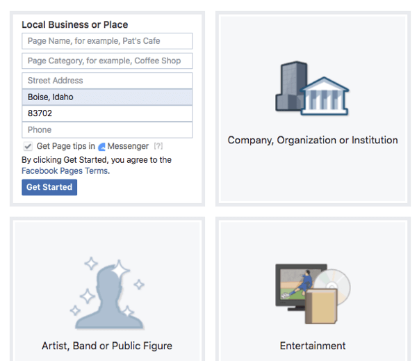 Considérez les fonctionnalités offertes par chaque type et catégorie pour votre page Facebook.