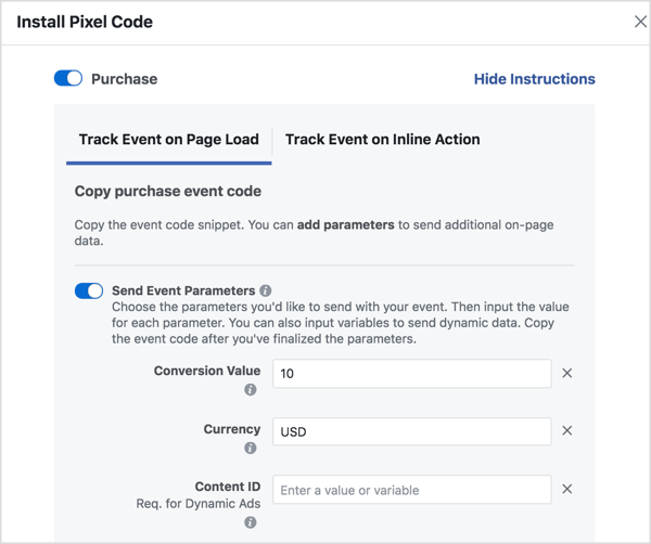 Définissez les paramètres pour générer le code d'événement Facebook dont vous avez besoin.