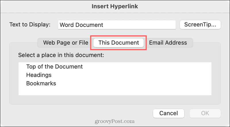 Lien vers un emplacement de document dans Word sur Mac