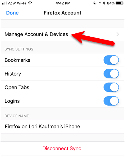 Appuyez sur Gérer le compte et les appareils dans Firefox pour iOS
