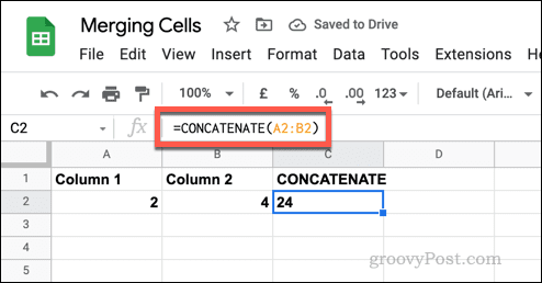 Un exemple de formule CONCATENER simple dans Google Sheets