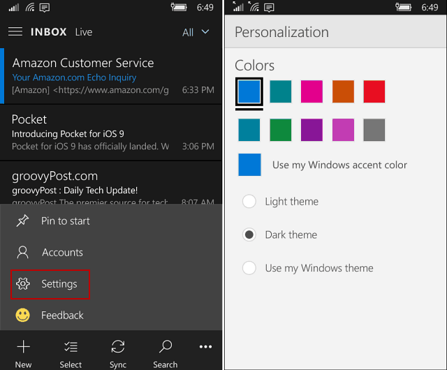 L'application Outlook Mail and Calendar sur Windows 10 Mobile gagne un thème sombre