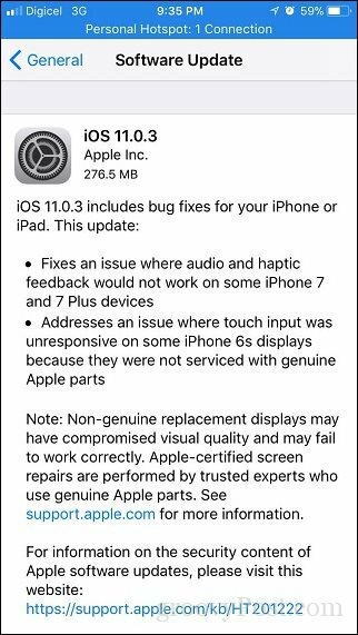Apple iOS 11.0.3 - Apple lance une autre mise à jour mineure pour iPhone et iPad