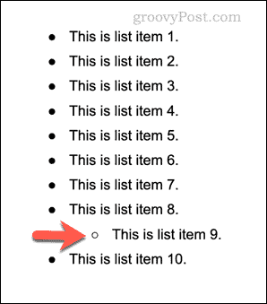 Un exemple de liste à plusieurs niveaux dans Google Docs