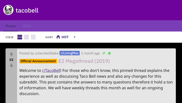 Comment commercialiser votre entreprise sur Reddit, exemple de marketing réussi post épinglé sur r / TacoBell discutant des directives de la communauté