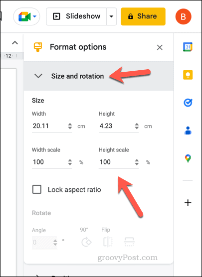 Options de taille pour un tableau Google Slides