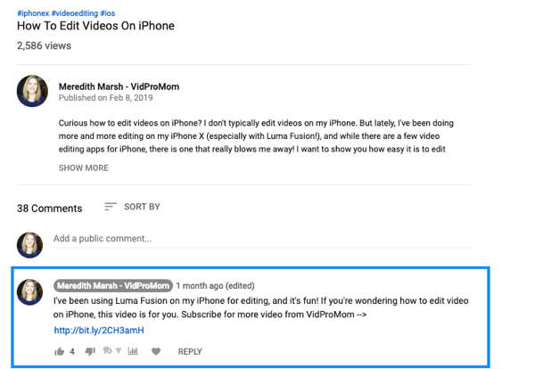 Comment utiliser une série de vidéos pour développer votre chaîne YouTube, exemple de commentaire vidéo YouTube épinglé avec lien de Meredith Marsh