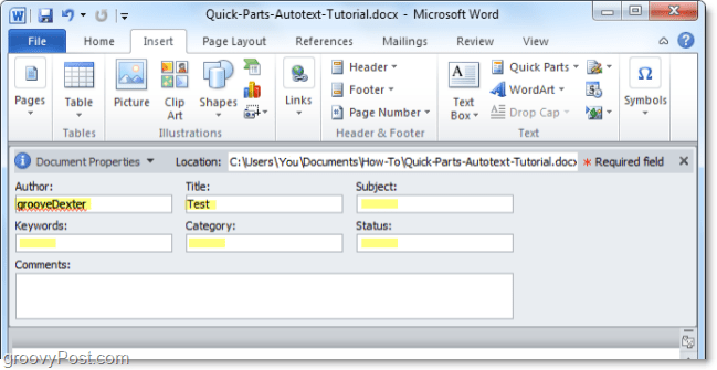 ajuster les propriétés du document à partir du panneau de document dans word 2010