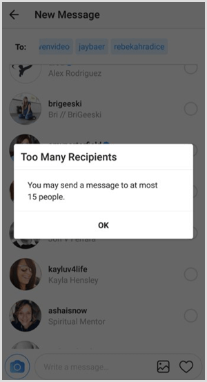 Vous pouvez envoyer un message à 15 personnes au maximum.