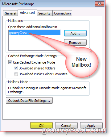 Capture d'écran d'Outlook 2010, onglet avancé d'ajout de boîte aux lettres