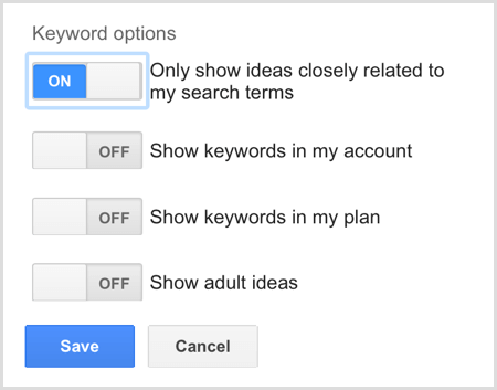 Options de mots clés de recherche de Google AdWords Keyword Planner
