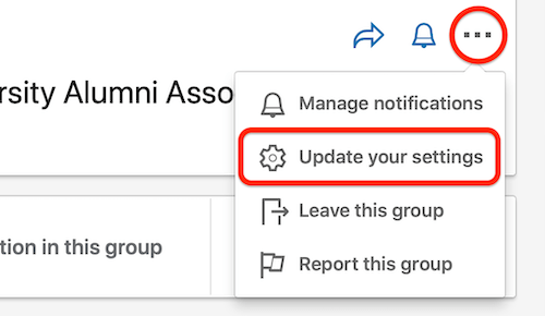 Menu à trois points du groupe linkedin avec l'option de menu Mettre à jour vos paramètres en surbrillance