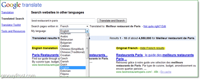 recherchez des pages Internet dans différentes langues et lisez-les dans la vôtre en utilisant la traduction traduite de Google