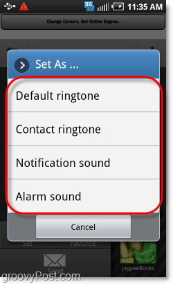 définir le son comme sonnerie, notification, alarme ou contact