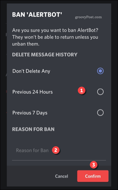 Options pour bannir un utilisateur sur Discord