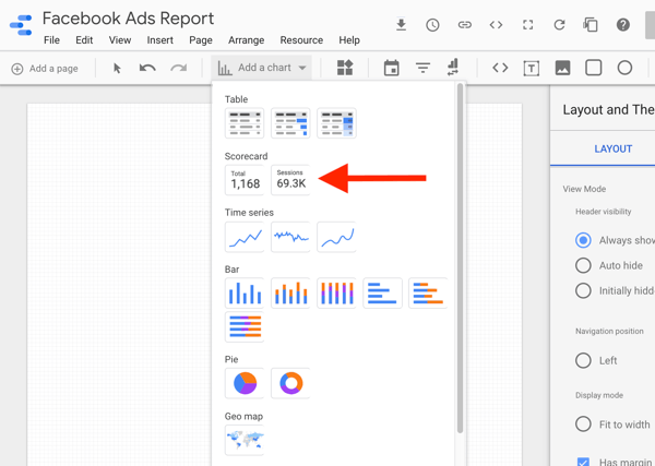 Utilisez Google Data Studio pour analyser vos publicités Facebook, étape 8, option pour sélectionner le tableau de bord dans Google Data Studio