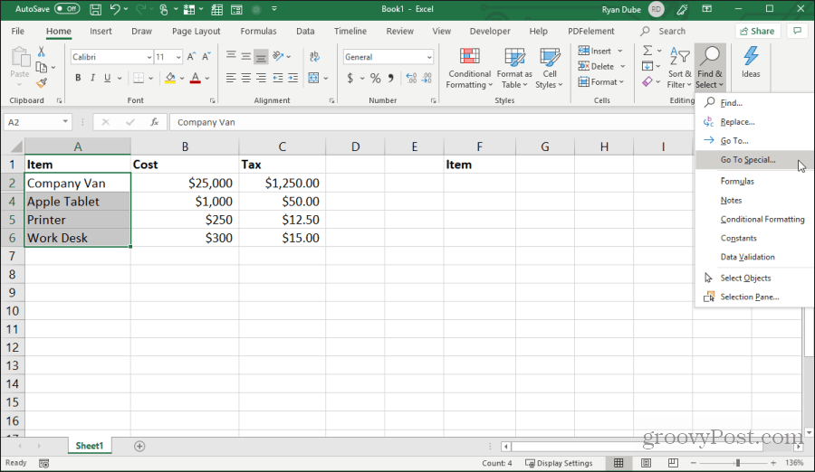 sélectionner aller à spécial dans excel