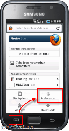 téléphone Android préférences de l'application Firefox
