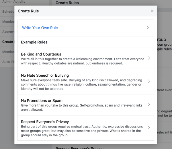Comment améliorer votre communauté de groupe Facebook, exemple de règles pré-écrites du groupe Facebook