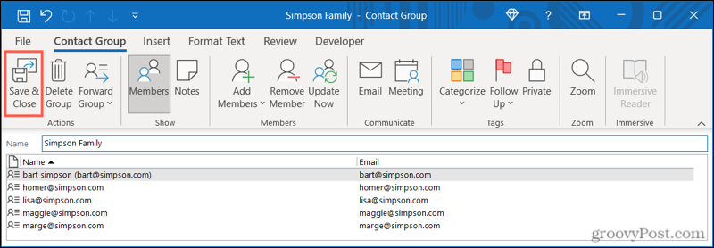 Enregistrer le groupe de contacts dans Outlook