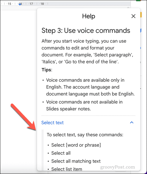 Menu d'aide pour la saisie vocale dans Google Docs