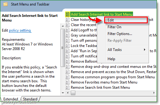 cliquez sur le lien ajouter une recherche sur Internet pour démarrer le menua, puis cliquez sur l'option d'édition dans le menu contextuel du clic droit de Windows 7