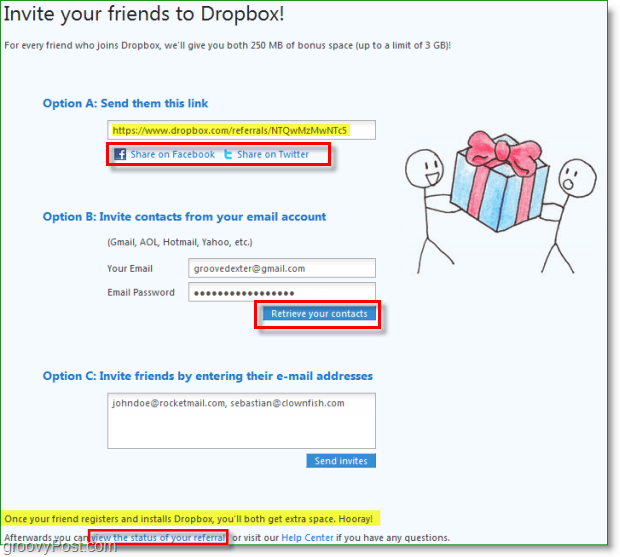Capture d'écran de Dropbox - de nombreuses façons de partager vos invitations sur Dropbox