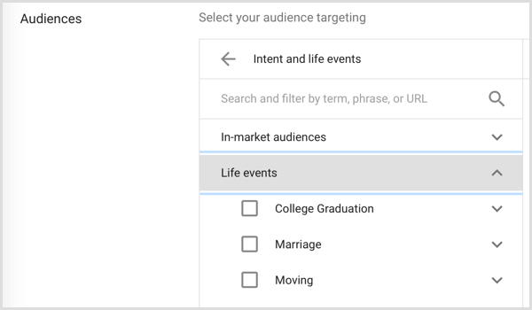 Audience de Google Adwords ciblant les événements de la vie